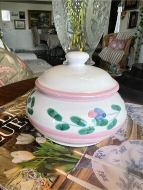Vintage Caleca Pink Garland Covered Sugar Bowl Hand Painted Italian Pottery